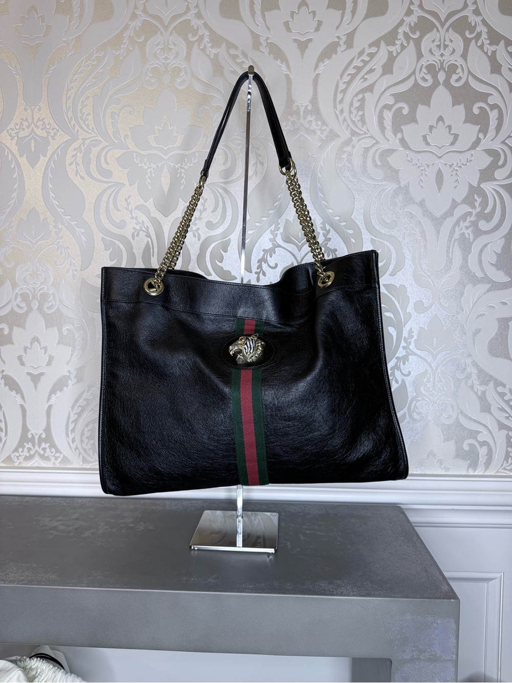 Authentic Gucci Black Leather Tote with Green-Red Stripe and Gold Hardware